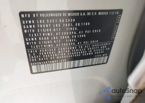 2019 Volkswagen Tiguan 2.0T Se/2.0T Sel/2.0T Sel R-Line/2.0T Sel R-Line Black из США, поврежденный, VIN 3VV2B7AX7KM051326